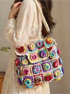 Handmade Multicolor Crochet Flower Tote Bag - Boho Chic
